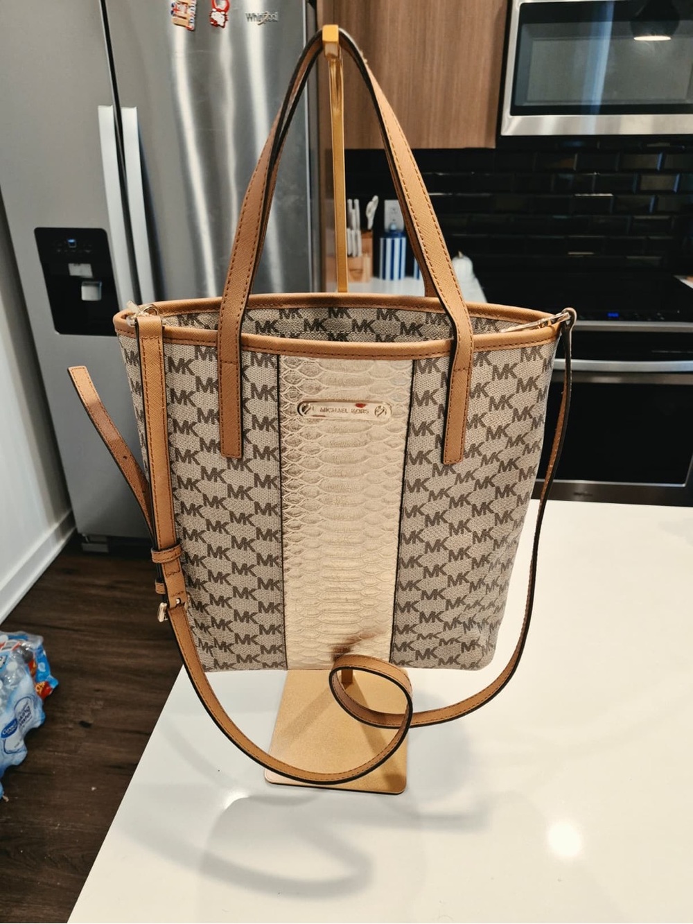 Michael Kors Beige MK Signature Tote with Tan Trim